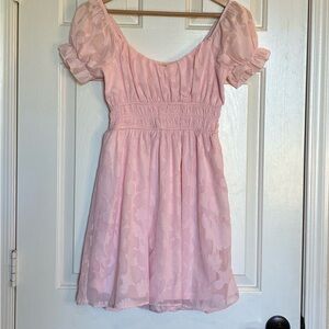 Pink Puff-Sleeve Smocked Waist Mini Dress